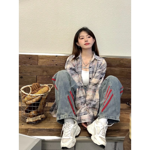 韩系慵懒风格子衬衫女夏季宽松防晒上衣长袖衬衣薄款外穿开衫ins