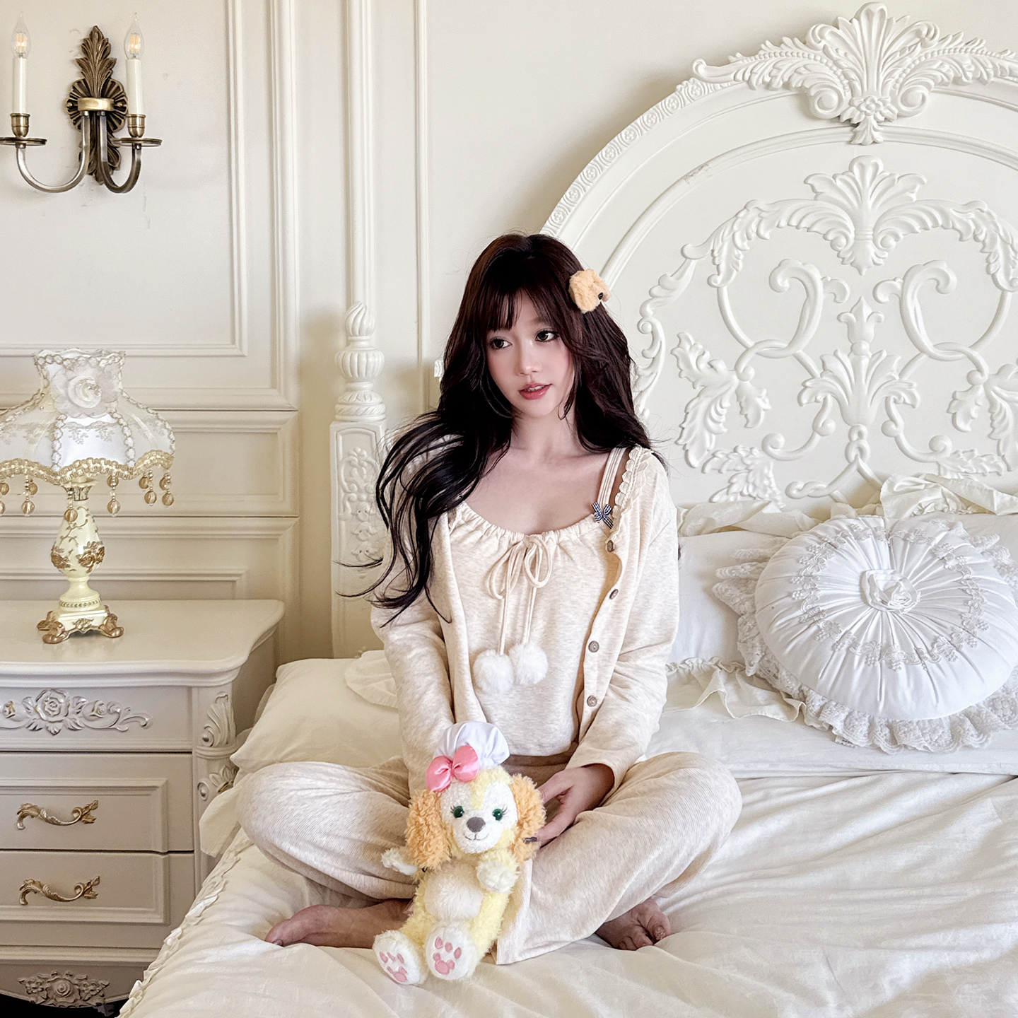 BK* 【冬日小泡芙】冬新羊绒绑带绒球家居服可外穿长袖吊带三件套