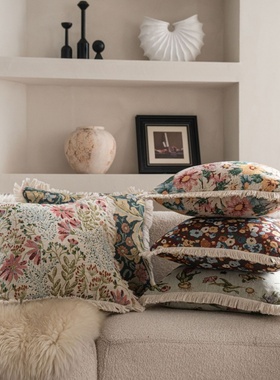 棉麻复古提花流苏抱枕套美式复古沙发靠垫法式田园风花朵绣花靠枕