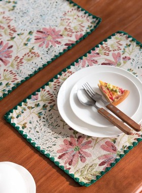 新古典加厚棉麻提花餐垫法式田园刺绣花边餐具垫隔热西餐巾盘子垫