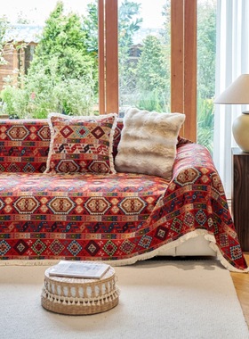 新年沙发盖布红色几何布艺全盖沙发套罩加厚单双人沙发巾四季通用