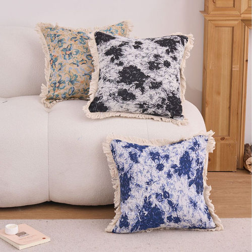 法式艺术涂鸦提花流苏双面抱枕套