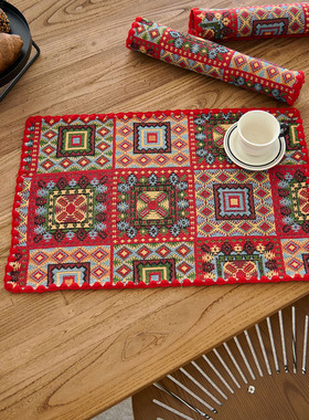 红色几何方块提花餐垫加厚棉麻藏式民族风绣花边餐具垫隔热垫餐巾
