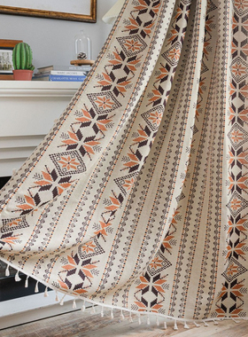 美式复古咖色提花流苏窗帘成品美拉德民族风隔断厨房帘飘窗布挂帘