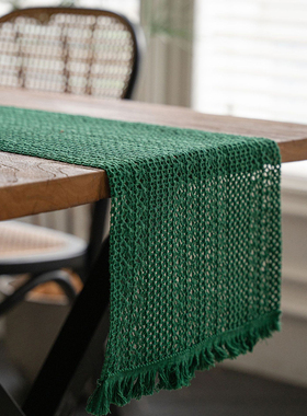 法式复古绿色棉麻拼接镂空桌旗圣诞派对装饰编织流苏隔热茶几盖巾