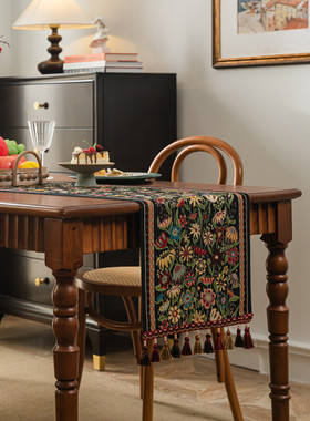 美式复古提花桌旗波斯民族风花朵流苏涤纶床旗茶几电视柜长条盖布