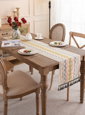 北欧现代简约提花波纹几何流苏桌旗ins风长条茶几盖巾酒店床尾旗