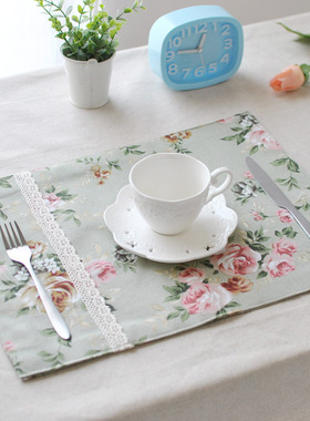 棉麻复古玫瑰花朵印花餐垫法式田园蕾丝绣花餐具垫布艺装饰隔热垫