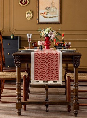 新年春节桌旗美式涤棉提花流苏法式高级感茶几电视柜盖巾酒店床旗