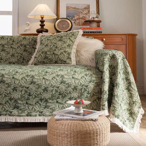 法式复古绿色树叶提花流苏沙发巾