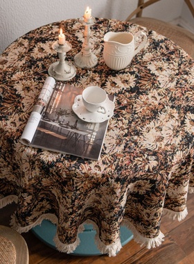 法式咖色油画感花朵提花流苏圆桌布田园风布艺餐桌布茶几圆形盖巾