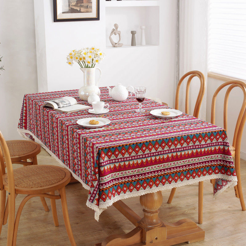 红色几何印花蕾丝花边桌布新中式民族风餐桌布艺茶几盖巾装饰台布