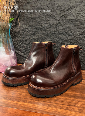 【MO小邪】K007复古水洗马皮靴手工鞋英伦风真皮底短靴厚底女靴