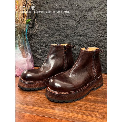 【MO小邪】K007复古水洗马皮靴手工鞋英伦风真皮底短靴厚底女靴