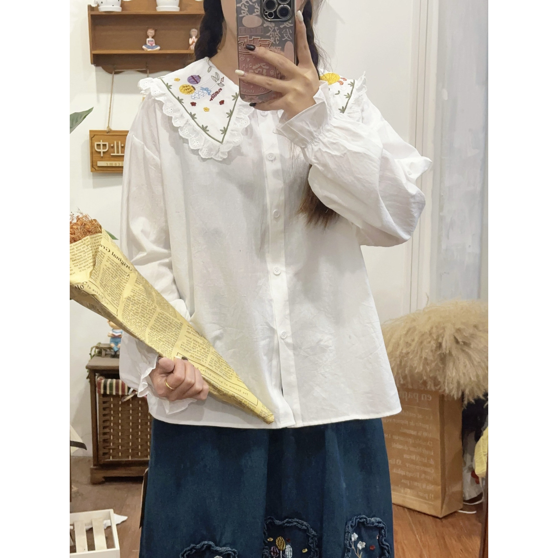 春季文艺小清新刺绣宽松长袖衬衫日系减龄校园风简约别致显瘦衬衣