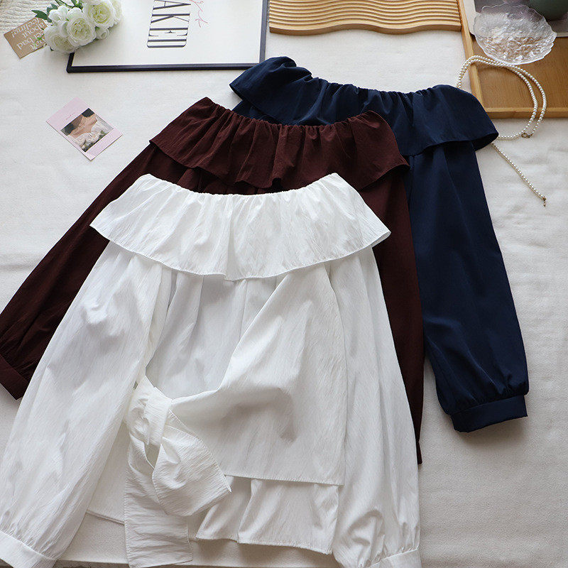 2026秋季新款韩版一字肩荷叶边系带收腰显瘦长袖衬衫女,女装/女士精品,衬衫,淘宝优惠券,粉丝福利购,淘宝优惠卷