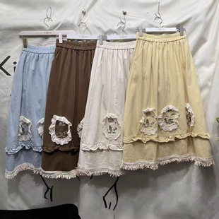 森系刺绣拼接花边流苏宽松半身裙春季 文艺复古甜美百搭半身裙 新款