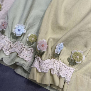 森系春款 女日系新款 可爱文艺校园风休闲长裤 糖果色花边宽松花苞裤