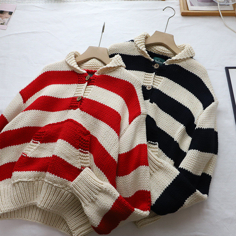 2026秋冬新款韩版复古翻领宽松百搭休闲条纹套头毛衣女,女装/女士精品,毛衣,淘宝优惠券,粉丝福利购,淘宝优惠卷