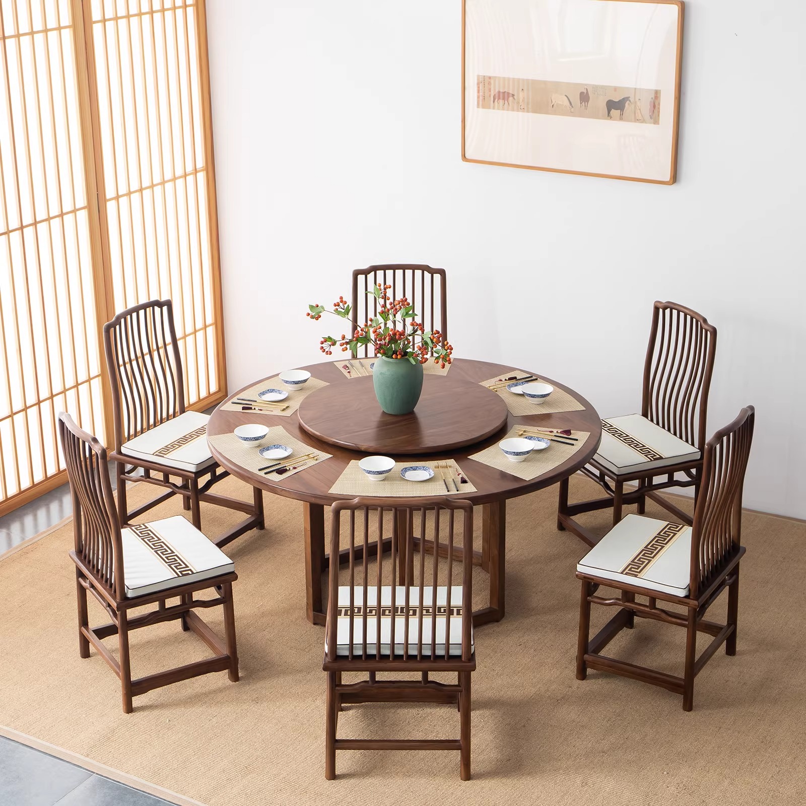 实木带转盘新中式圆形餐桌