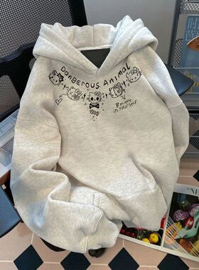 2025美式银狐绒oversize连帽外套Kitty猫白灰色卫衣女生百搭上衣