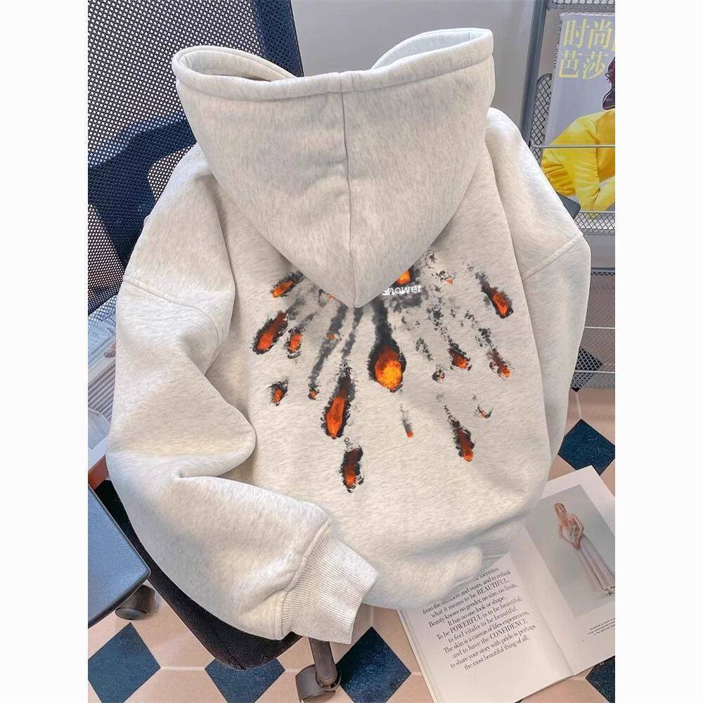 银狐绒卫衣男装秋冬新款印花加绒连帽宽松显瘦外套女学生上衣情侣