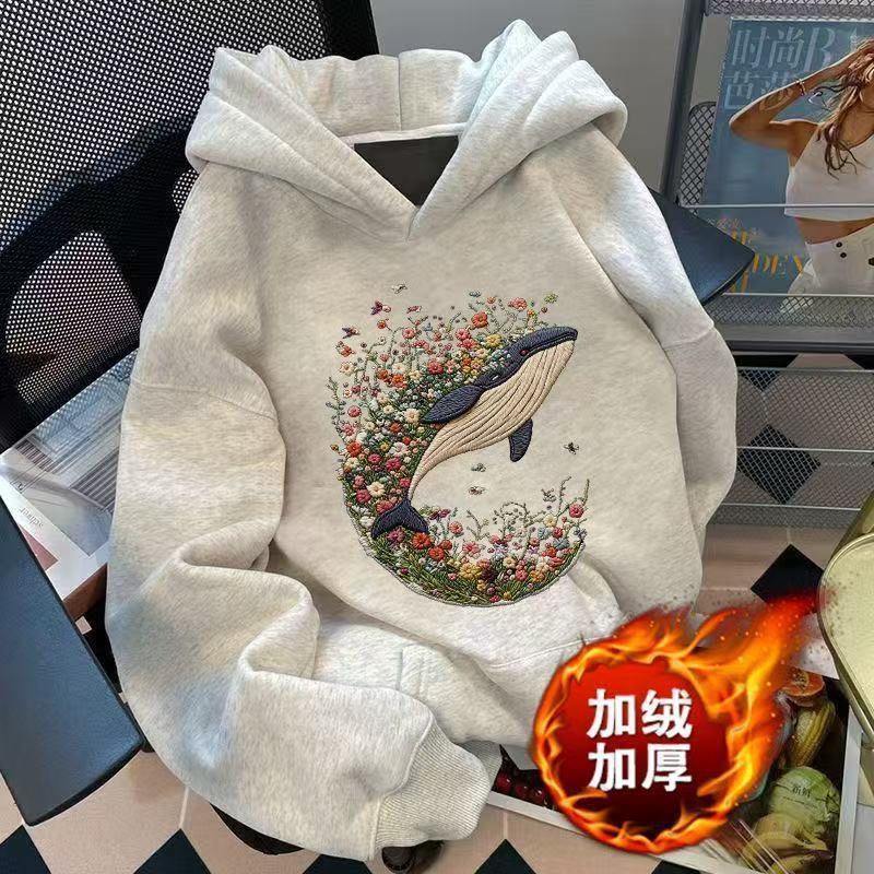 银狐绒港风复古百搭连帽卫衣男女秋冬加绒加厚鲸鱼印花薄外套上衣