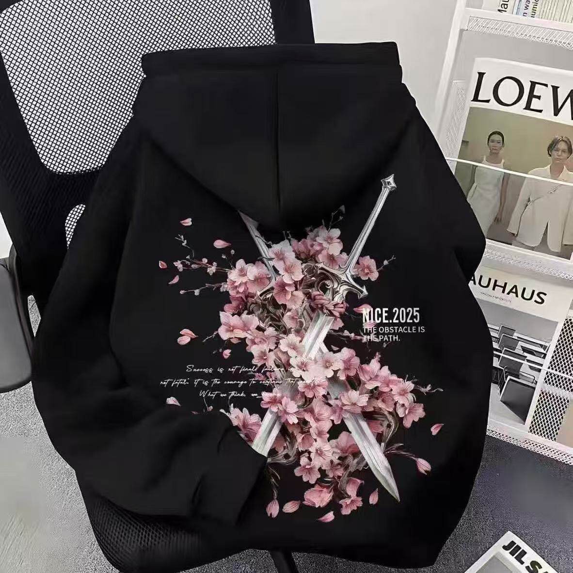 美式复古高街樱花剑连帽卫衣男女秋冬款加绒宽松街头潮牌痞帅外套