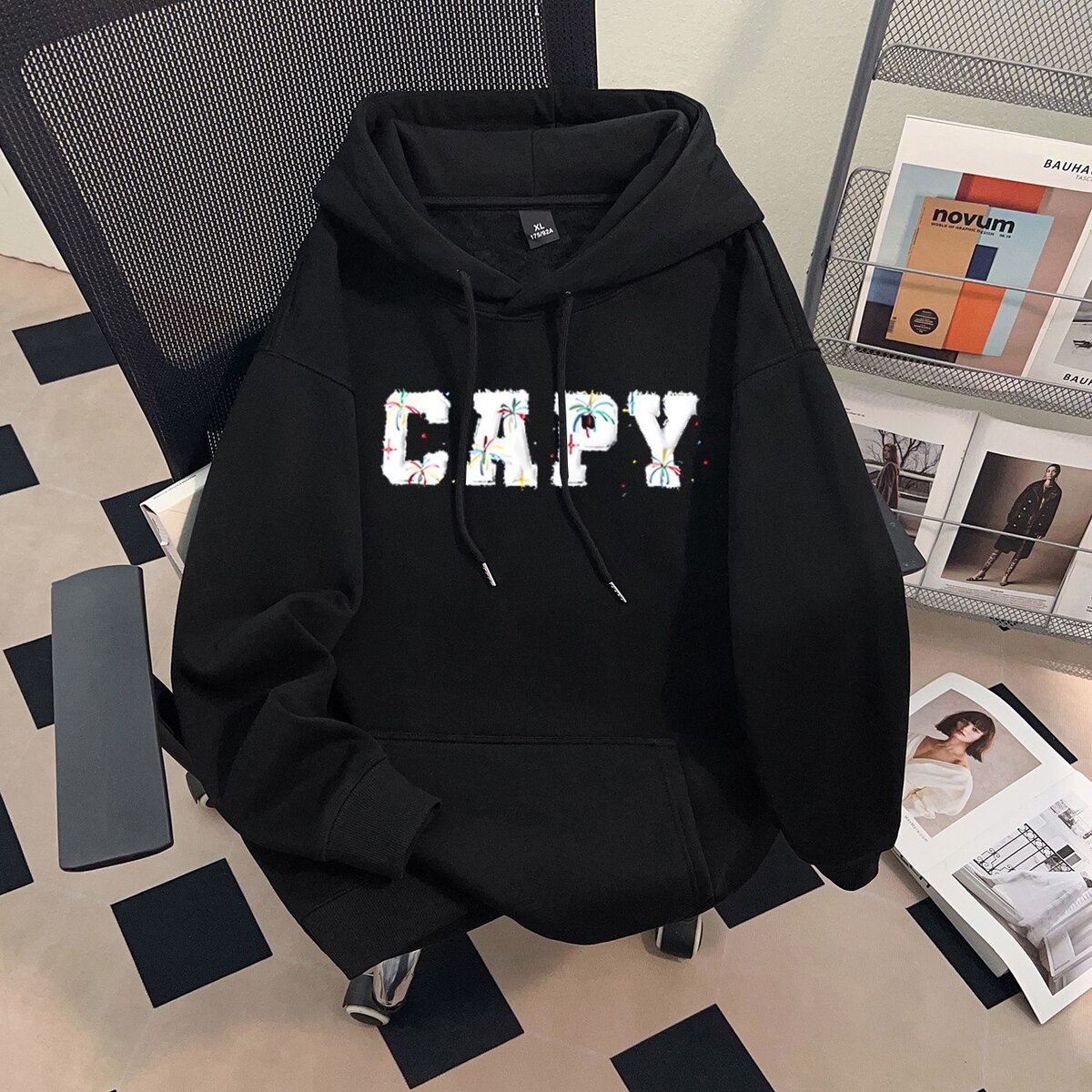 银狐绒美式复古字母印花连帽卫衣男女街头宽松百搭外套ins上衣潮