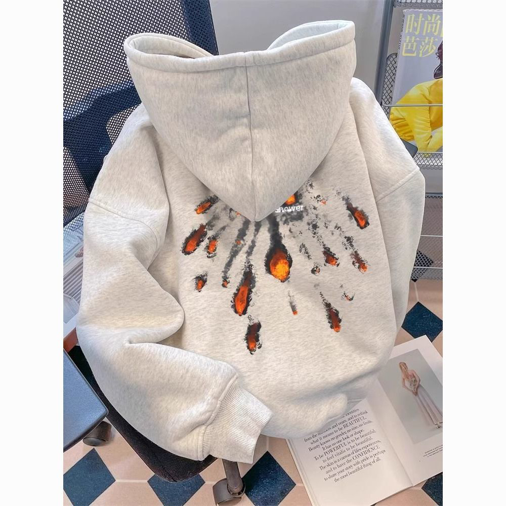 银狐绒卫衣男装秋冬新款印花加绒连帽宽松显瘦外套女学生上衣情侣