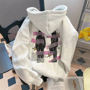 银狐绒美式印花连帽卫衣男女秋冬宽松百搭休闲学院风情侣上衣外套