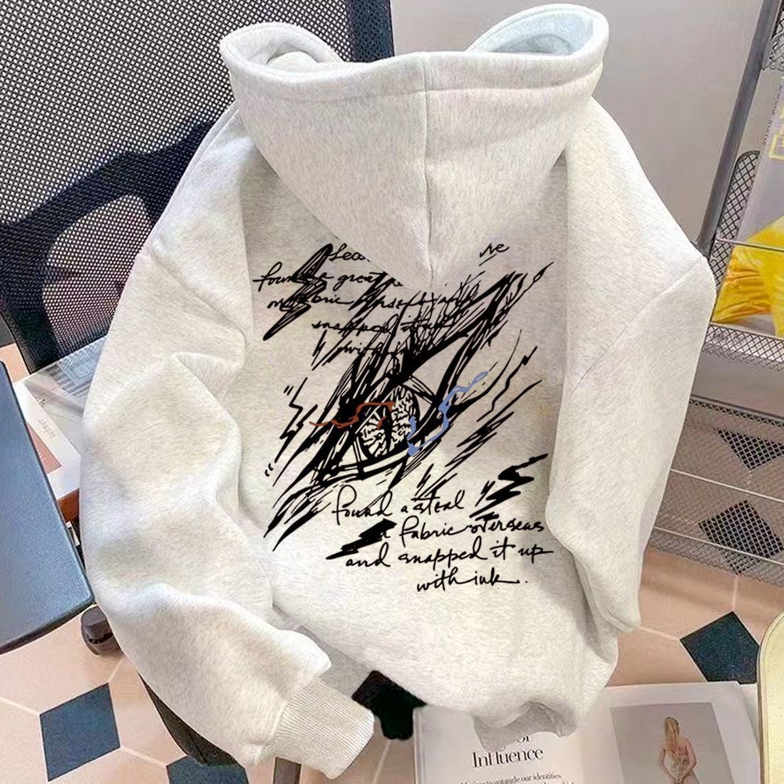 银狐美式复古连帽卫衣男女秋冬季加绒宽松百搭学生印花情侣上衣潮