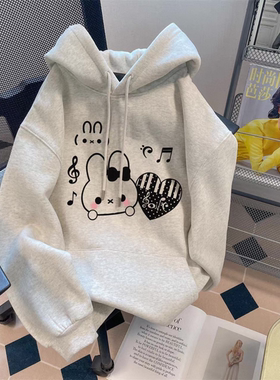 银狐绒可爱印花连帽卫衣秋冬季宽松休闲学生ins上衣加绒学生外套