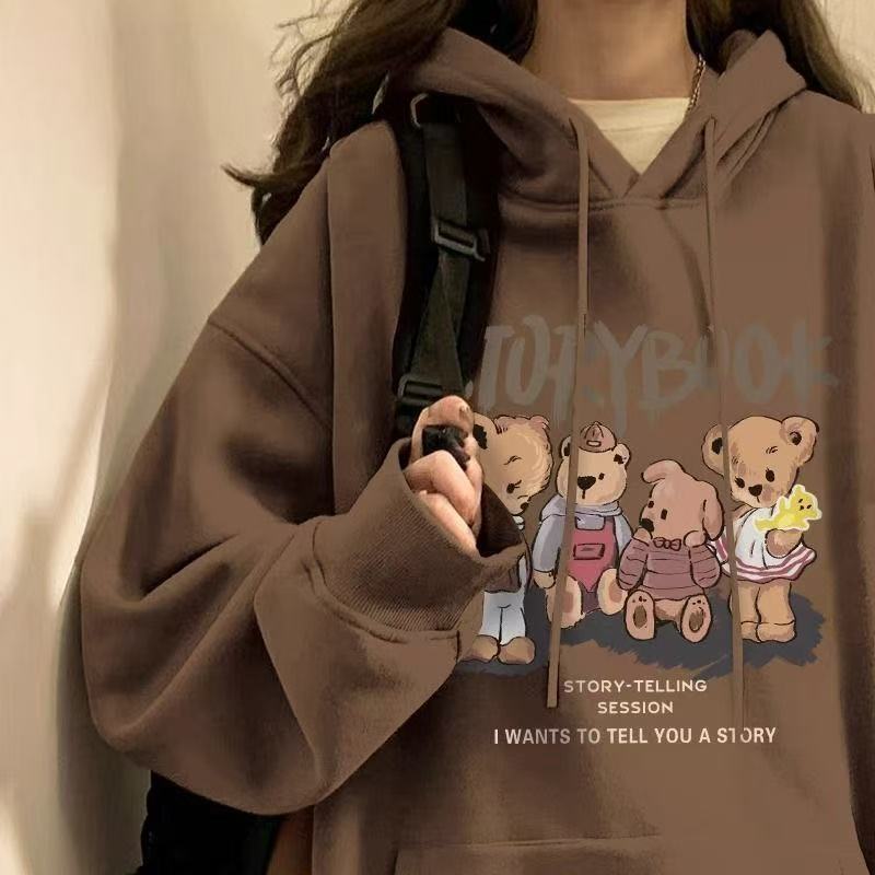 美式复古加绒秋冬oversize宽松棕色百搭慵懒风连帽卫衣chic女外套