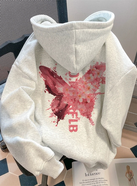 银狐绒粉色蝴蝶印花连帽卫衣男女秋冬季宽松百搭休闲学生上衣外套