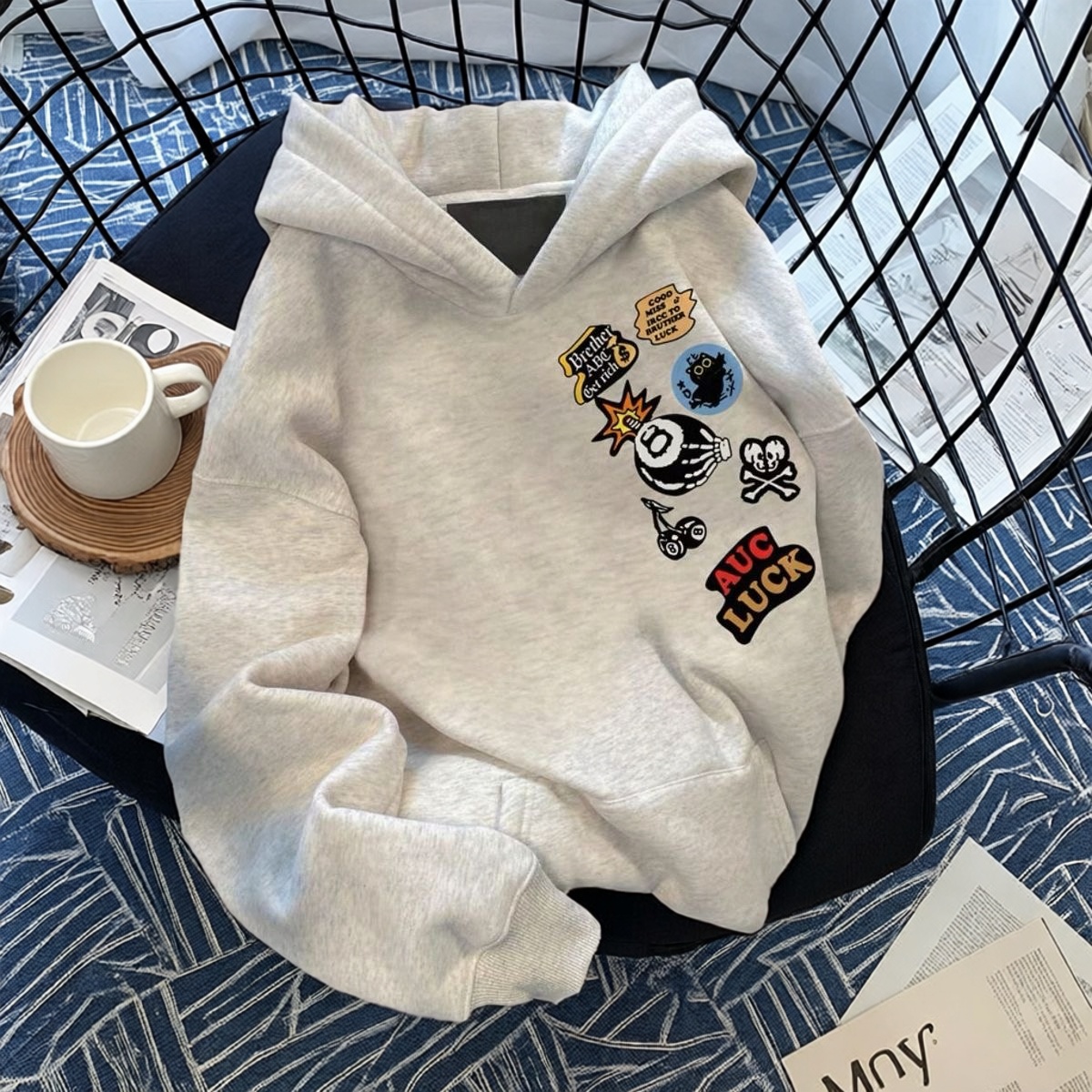 美式复古字母印花连帽卫衣男女