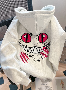 银狐绒高街潮牌恶魔笑脸印花连帽卫衣男女春秋冬休闲宽松学生外套