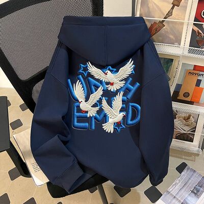 美式复古潮牌鸽子仿刺绣印花大码连帽卫衣男女秋冬宽松加绒百外套