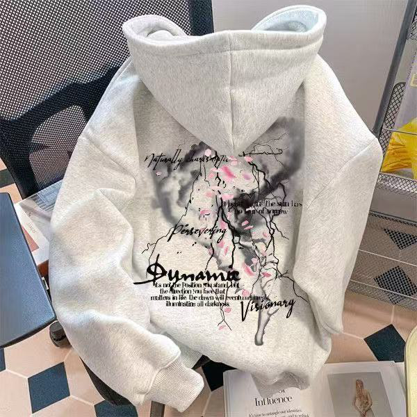 银狐绒宽松百搭连帽加绒卫衣男女秋冬季新款印花外套学生潮牌上衣