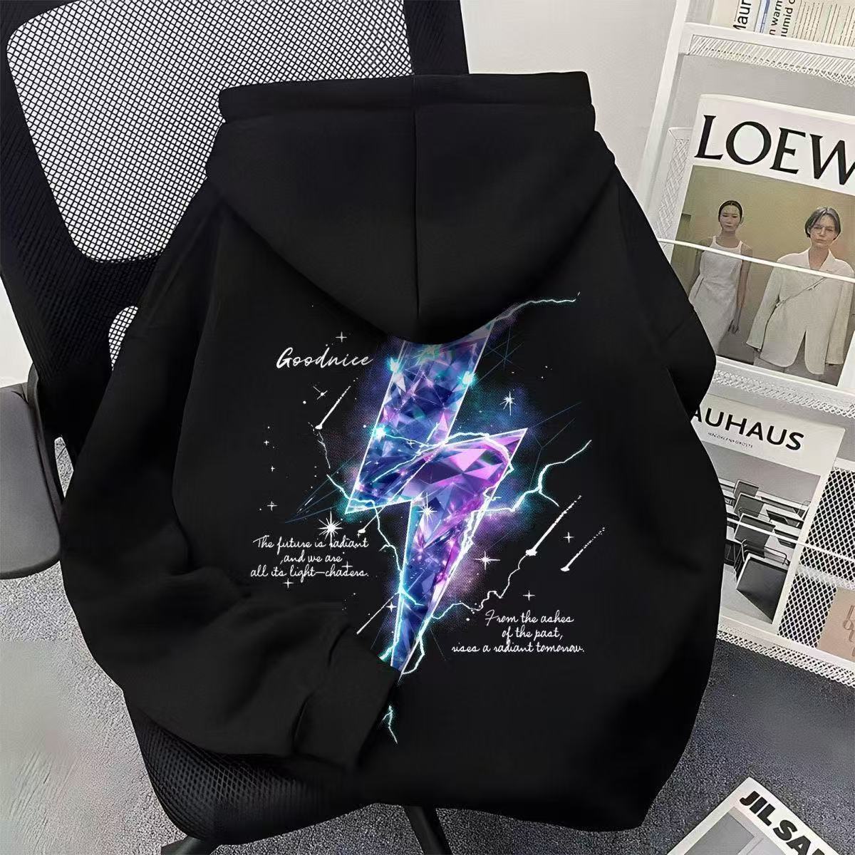 美式复古流星闪电印花连帽卫衣男女2025秋冬新款国潮街头宽松外套