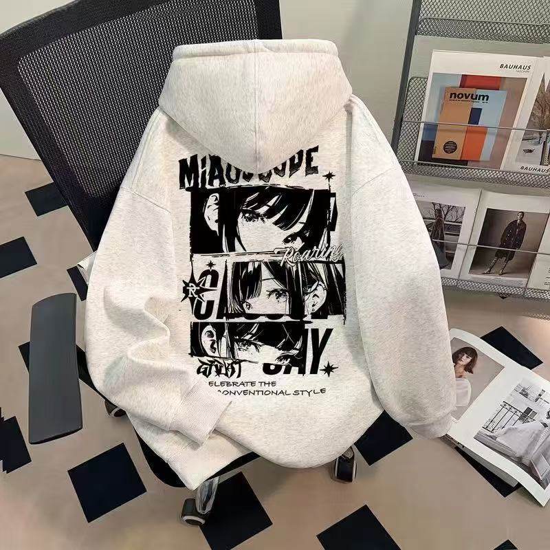 银狐绒二次元卡通漫画印花秋冬连帽卫衣男女款加绒加厚休闲上衣潮