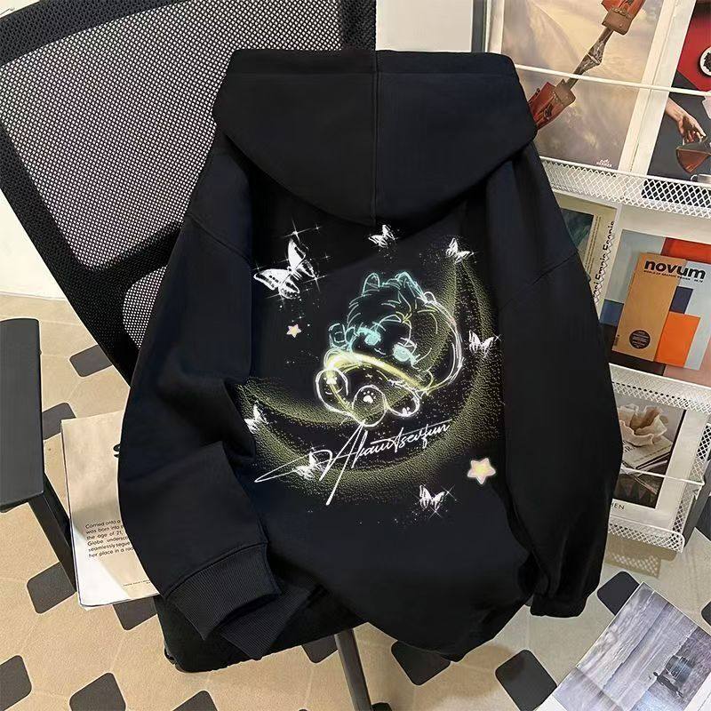 银狐绒美式连帽卫衣男女印花秋冬季加厚加绒百搭宽松小众新款上衣