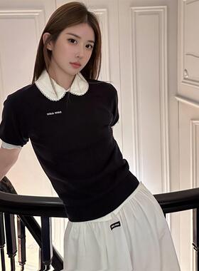 学院风气质上衣春夏高腰美花边翻领白色三件套南油女半裙针织新品