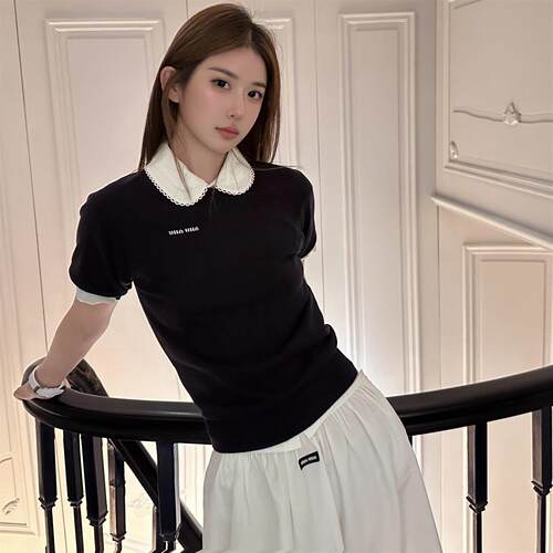 学院风气质上衣春夏高腰美花边翻领白色三件套南油女半裙针织新品