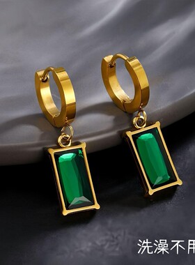 【钛钢不掉色】绿色锆石切面爆闪方钻耳扣流苏小红书同款闺蜜耳环