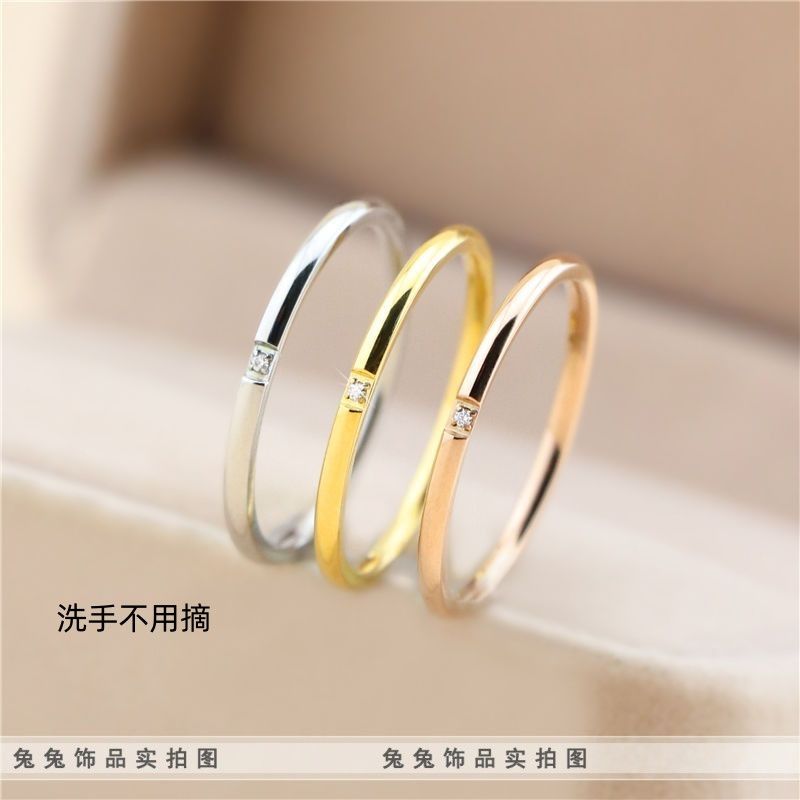 【不掉色不过敏】钛钢保色极细微小钻锆石简约小圆戒指女包金情侣