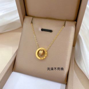 【钛钢不掉色】罗马数字转运盘锆石圆环双环相扣闺蜜情侣项链女