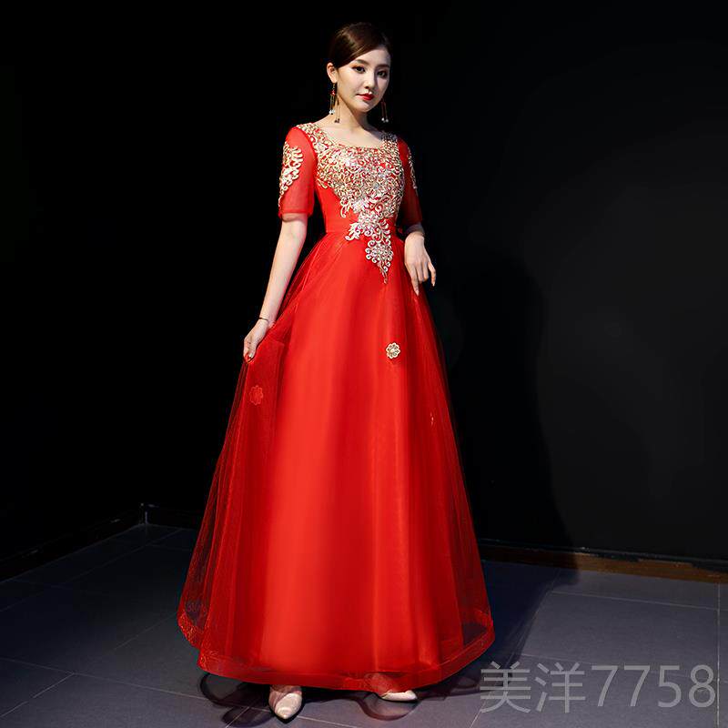 高档成演出服装女2025长新款红色合唱团版主持人金色气人质礼晚服