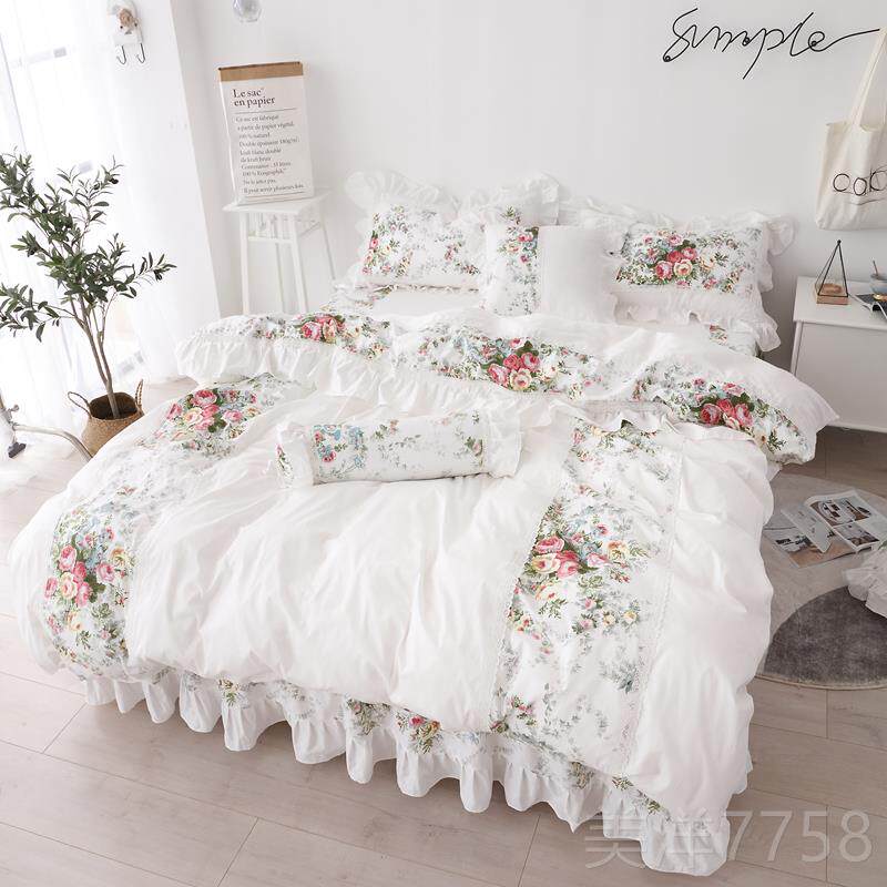 高档韩式丝斜纹花蕾清床裙四套纯棉棉被套纯棉件床罩四件套小新