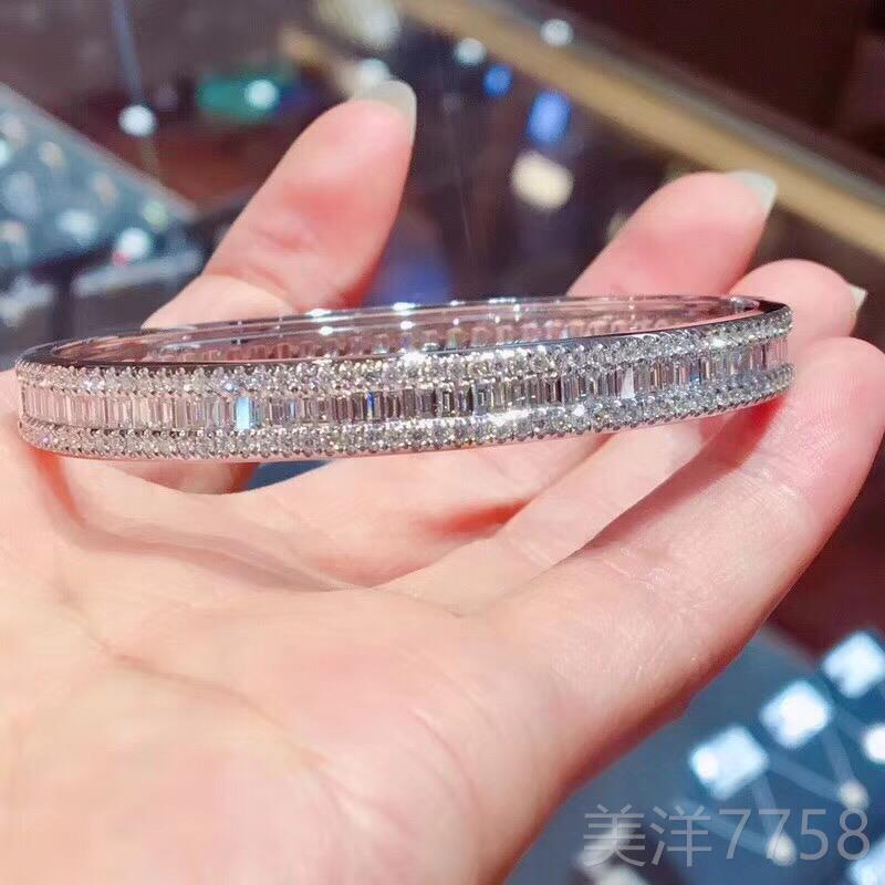 高档卓蝶珠宝仿手镯925纯银镀18k满钻梯T方钻钻金石手镯情侣白手